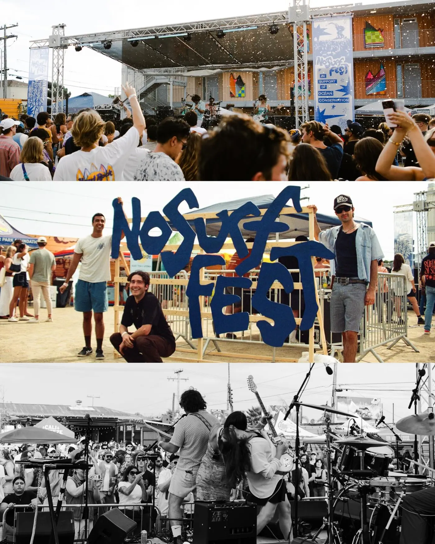 Collage of NoSurf Fest 2025: the crowd, the stage and the giant NoSurf sign